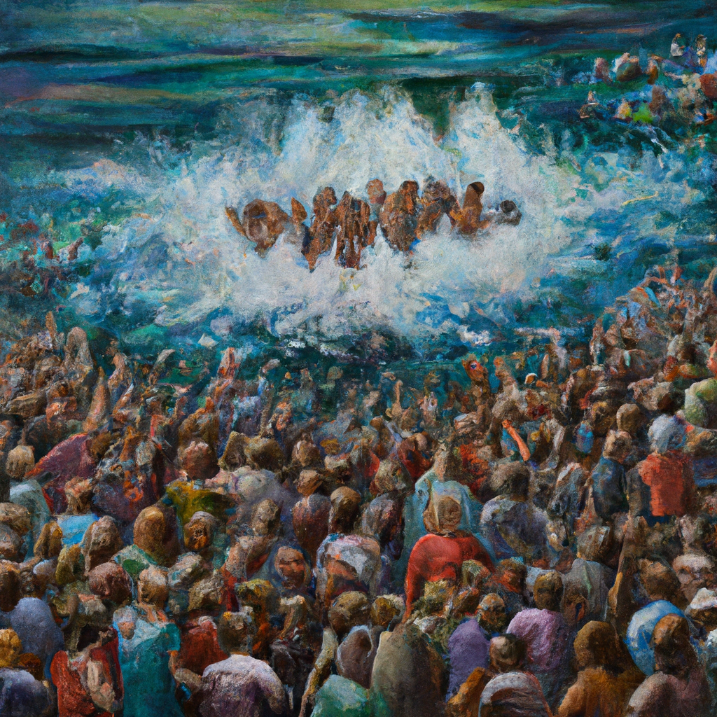 Image generated by AI from Dall.e prompt 'An expressive oil painting of Jonah: a massive crowd worshipping, loud prayers echoing, repentance accepted, relief and joy as God forgives.'