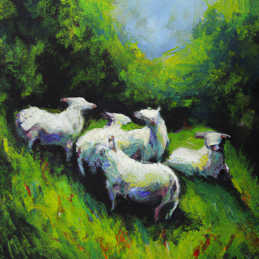 Image generated from Dall.e prompt 'An expressive oil painting of Sheep grazing in the lush green pasture, meandering around their faithful shepherd - a gentle reminder of God's loving kindness.'