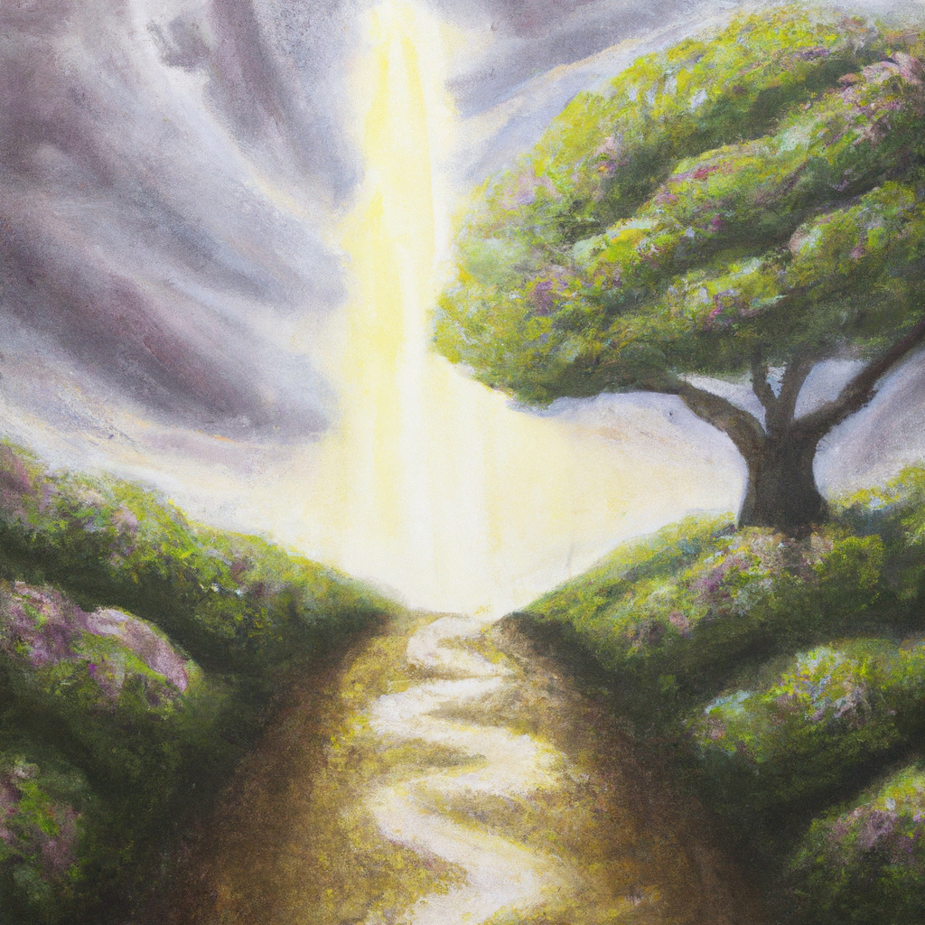 Image generated from Dall.e prompt 'An expressive oil painting of A path stretching up to the Lord, full of guidance, love, and mercy; like an evergreen tree providing shelter and protection amidst the storms.'