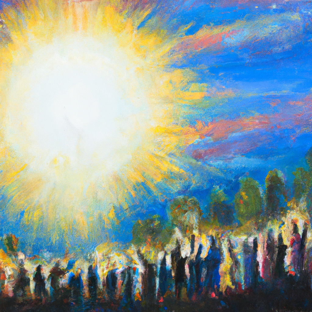 Image generated by AI from Dall.e prompt 'An expressive oil painting of A joyful crowd of people, singing and shouting out praises to God under a brilliant sky.'