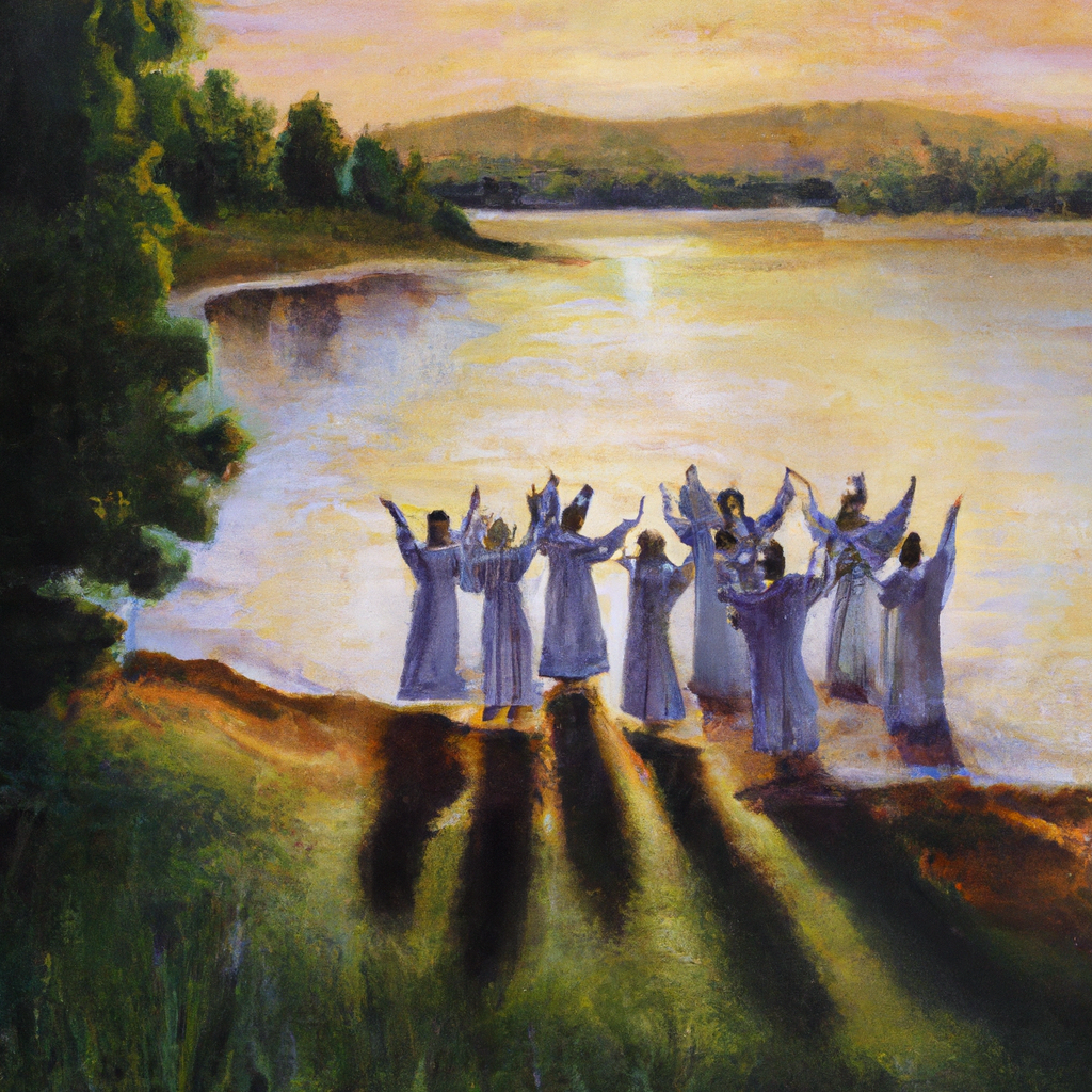 Image generated from Dall.e prompt 'An expressive oil painting of People dressed in shining white robes singing around a sunset-filled lake, living in peace and love.'