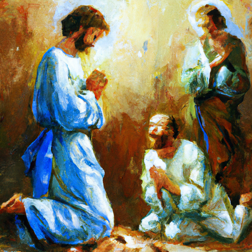 Image generated from Dall.e prompt 'An expressive oil painting of Peter kneels in awe before Jesus due to his mercy and forgiveness of his brother, forgiving him seventy times seven.'