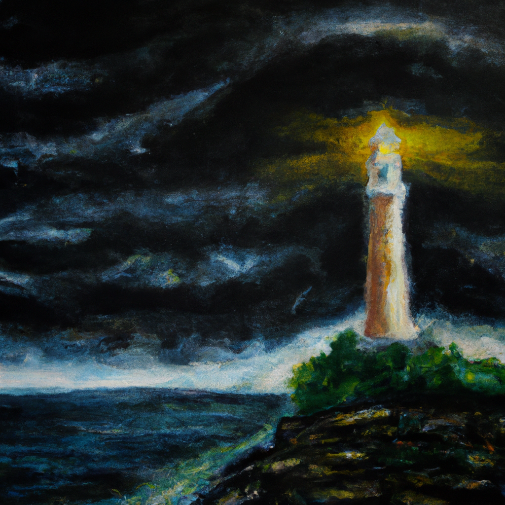 Image generated by AI from Dall.e prompt 'An expressive oil painting of A lighthouse guiding ships safely home, shining bright in a dark and stormy night.'