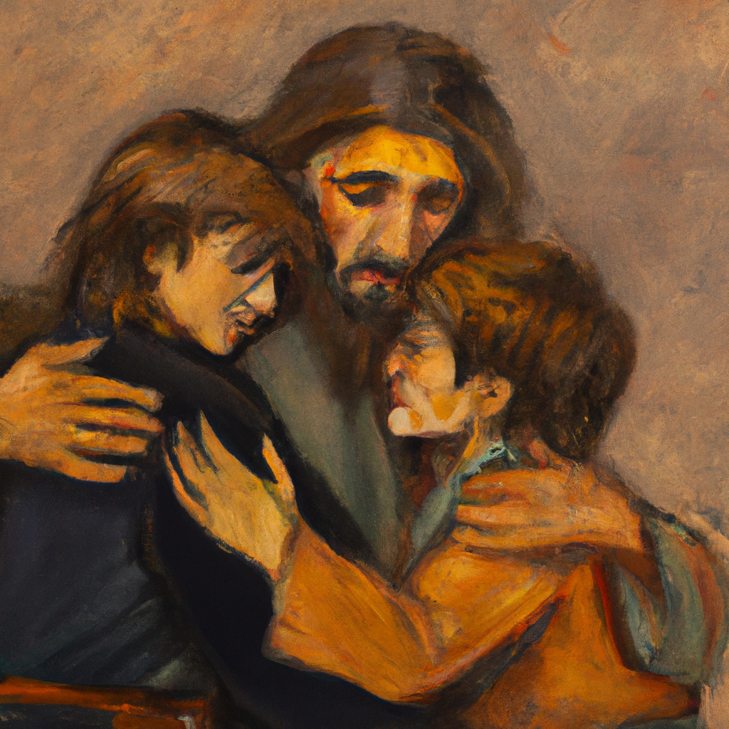 Image generated by AI from Dall.e prompt 'An expressive oil painting of Joseph consoles his brothers by embracing them and forgiving them, a beautiful family portrait of love.'