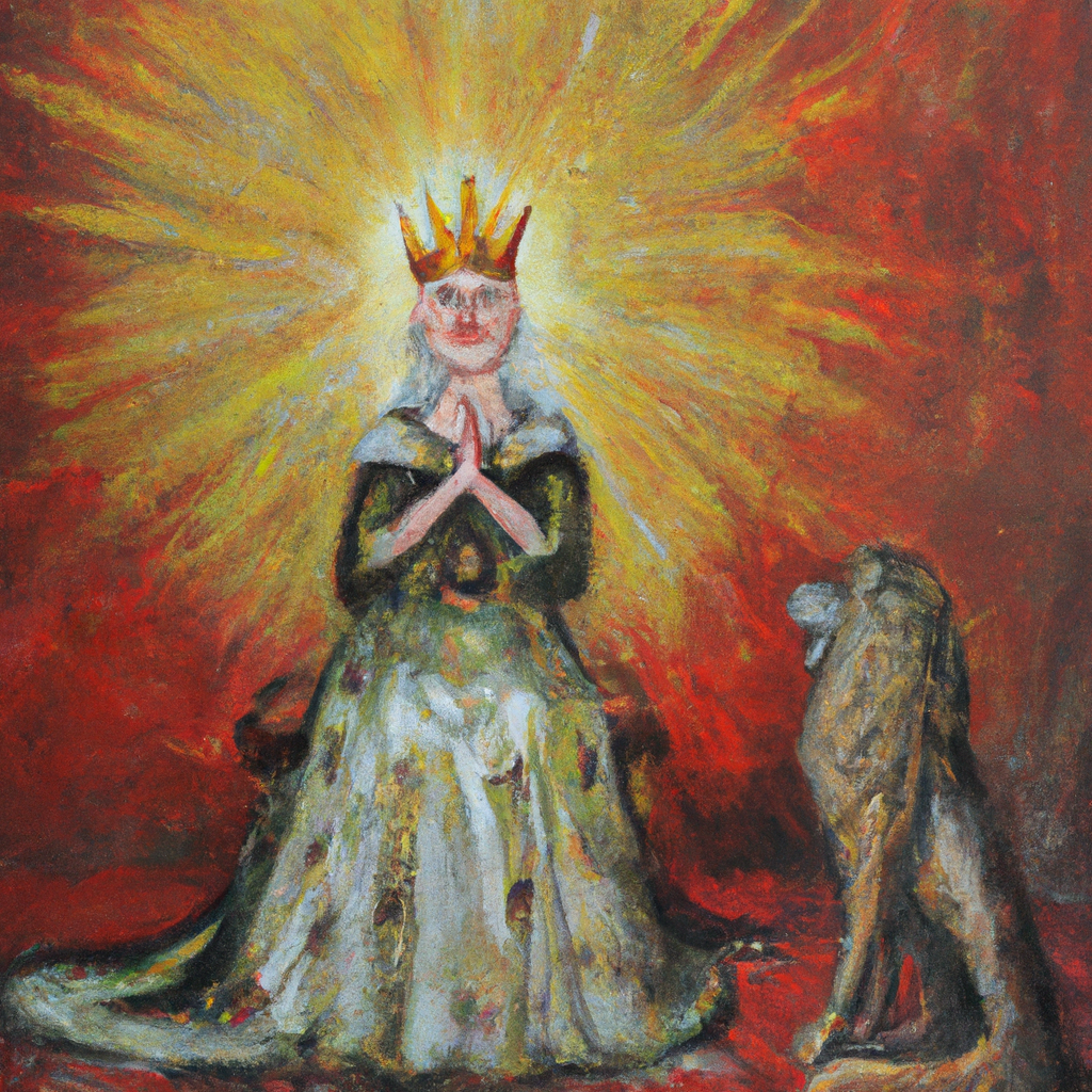 Image generated from Dall.e prompt 'An expressive oil painting of  or lessA mighty ruler kneels in humble adoration, praising the kindness of a noble King.'