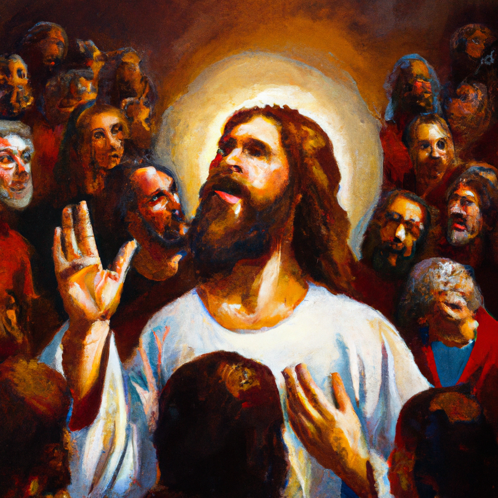 Image generated from Dall.e prompt 'An expressive oil painting of Jesus, surrounded by a concentrated crowd, called out in a deep voice: 'Love the Lord your God with all your heart!''