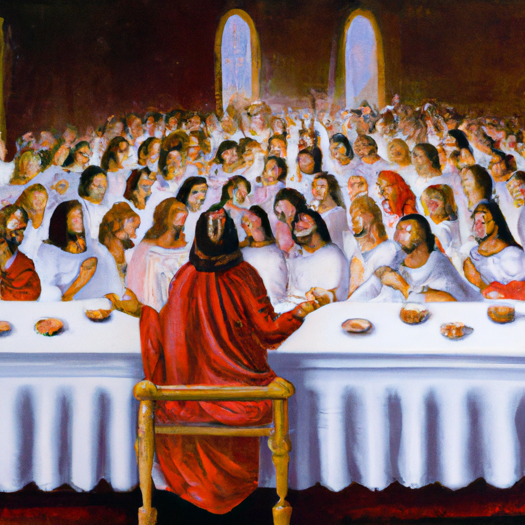 Image generated from Dall.e prompt 'An expressive oil painting of A great banquet with Jesus as the King, open to everyone yet with a strict dress code.'