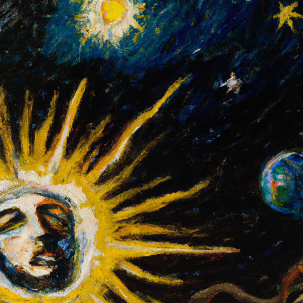 Image generated from Dall.e prompt 'An expressive oil painting of The sun, moon and stars darken as Jesus appears in the sky; for his second coming has begun.'