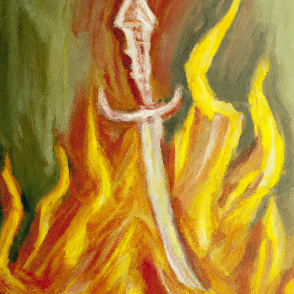 Image generated by AI from Dall.e prompt 'An expressive oil painting of A jagged, two-edged sword emitting fire, fiercely threatening to punish false teaching and complacency.'