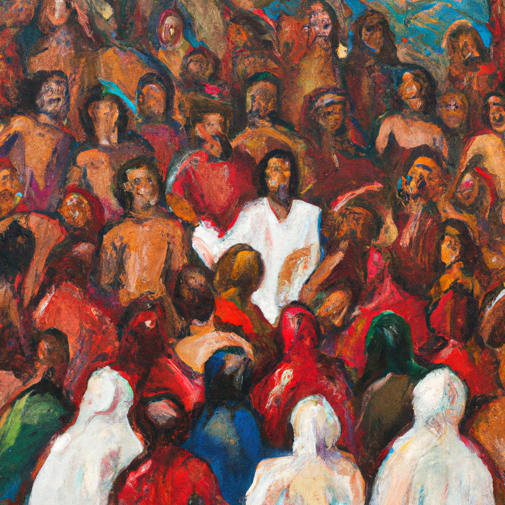 Image generated by AI from Dall.e prompt 'An expressive oil painting of Jesus, a crowd of onlookers - miracles of healing seen: man borne in, paralysed from birth, his sins forgiven, power seen over the immovable.'