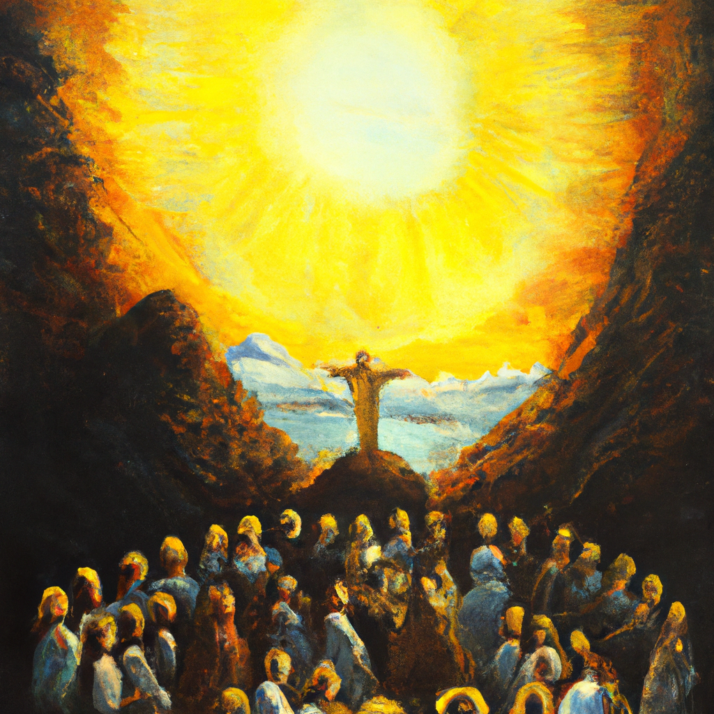 Image generated from Dall.e prompt 'An expressive oil painting of The sun shining brightly on the mountaintop, Jesus standing surrounded by disciples as he speaks of a new Kingdom of God of love and mercy.'