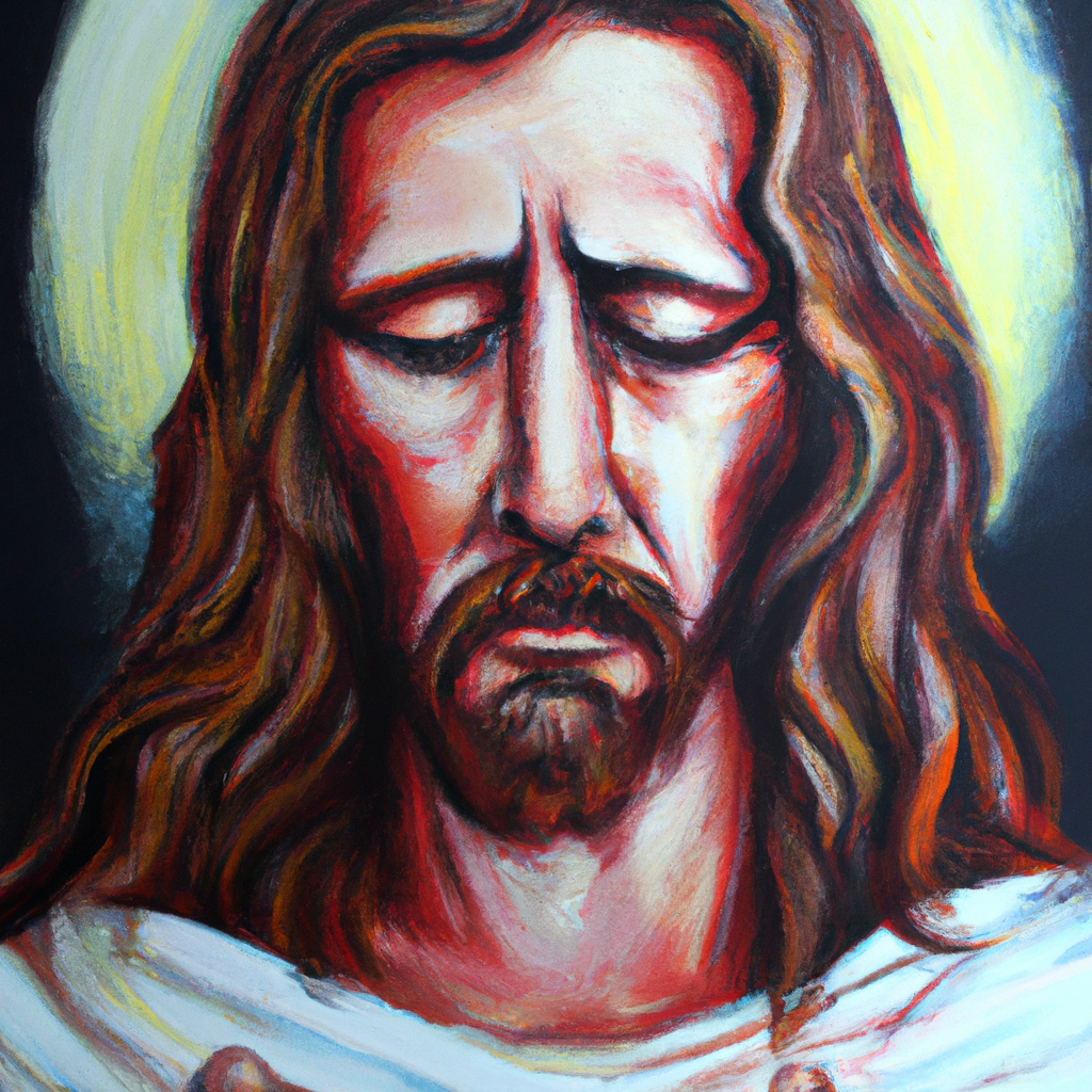 Image generated by AI from Dall.e prompt 'An expressive oil painting of Jesus, eyes closed, praying for His disciples - united, forgiven, and loved.'