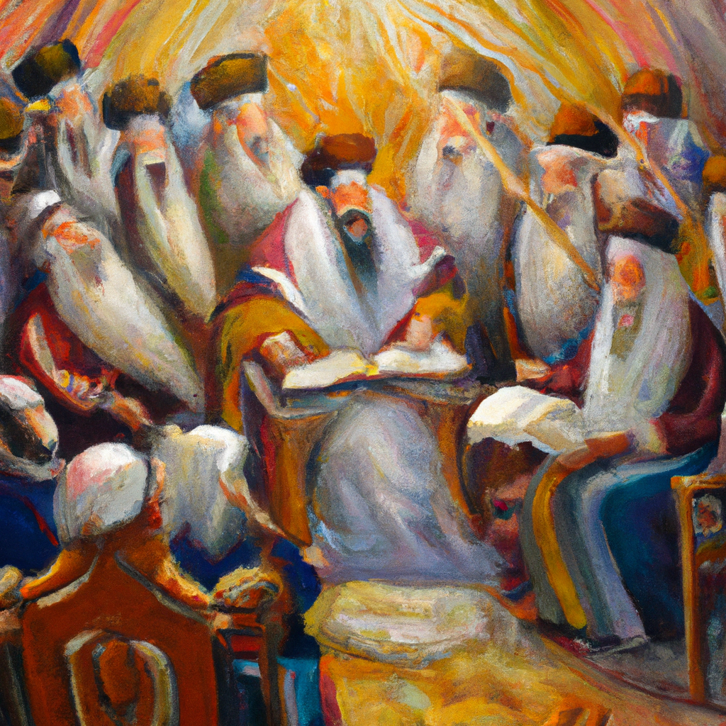 Image generated by AI from Dall.e prompt 'An expressive oil painting of :A joyous assembly gathered with scrolls of the Torah, listening to Ezra and rejoicing in their laws.'