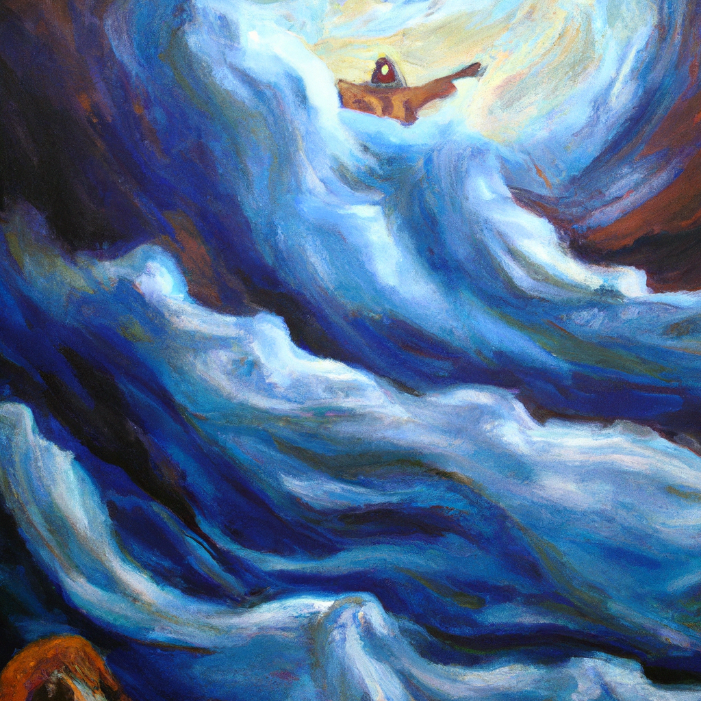 Image generated by AI from Dall.e prompt 'An expressive oil painting of The wind cascading in, Jesus appears as the morning light breaks through the clouds.'