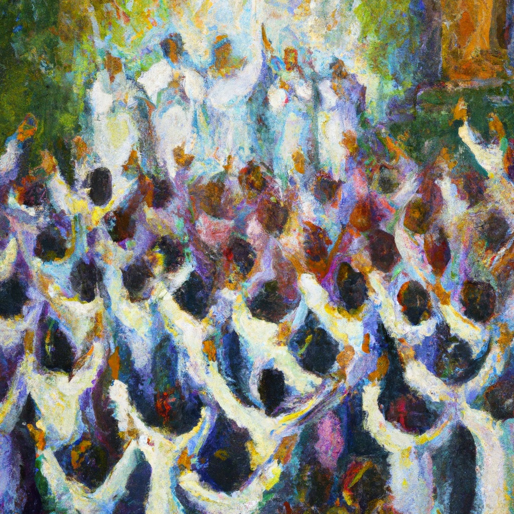 Image generated by AI from Dall.e prompt 'An expressive oil painting of Multitude of people wearing white robes, singing praises to God with tremendous joy;peaceful unity in worship.'