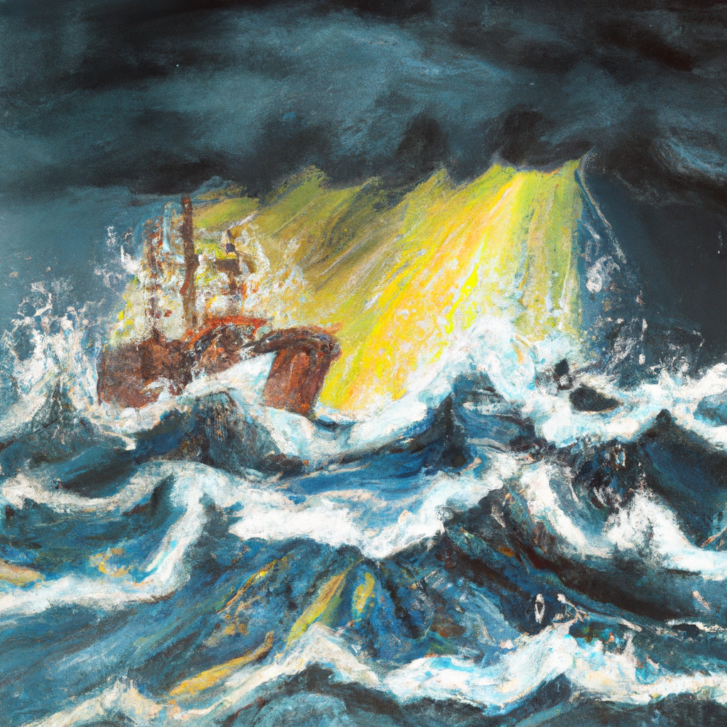 Image generated by AI from Dall.e prompt 'An expressive oil painting of We run our race with endurance, passing through storms of life like a ship on a wild sea.'