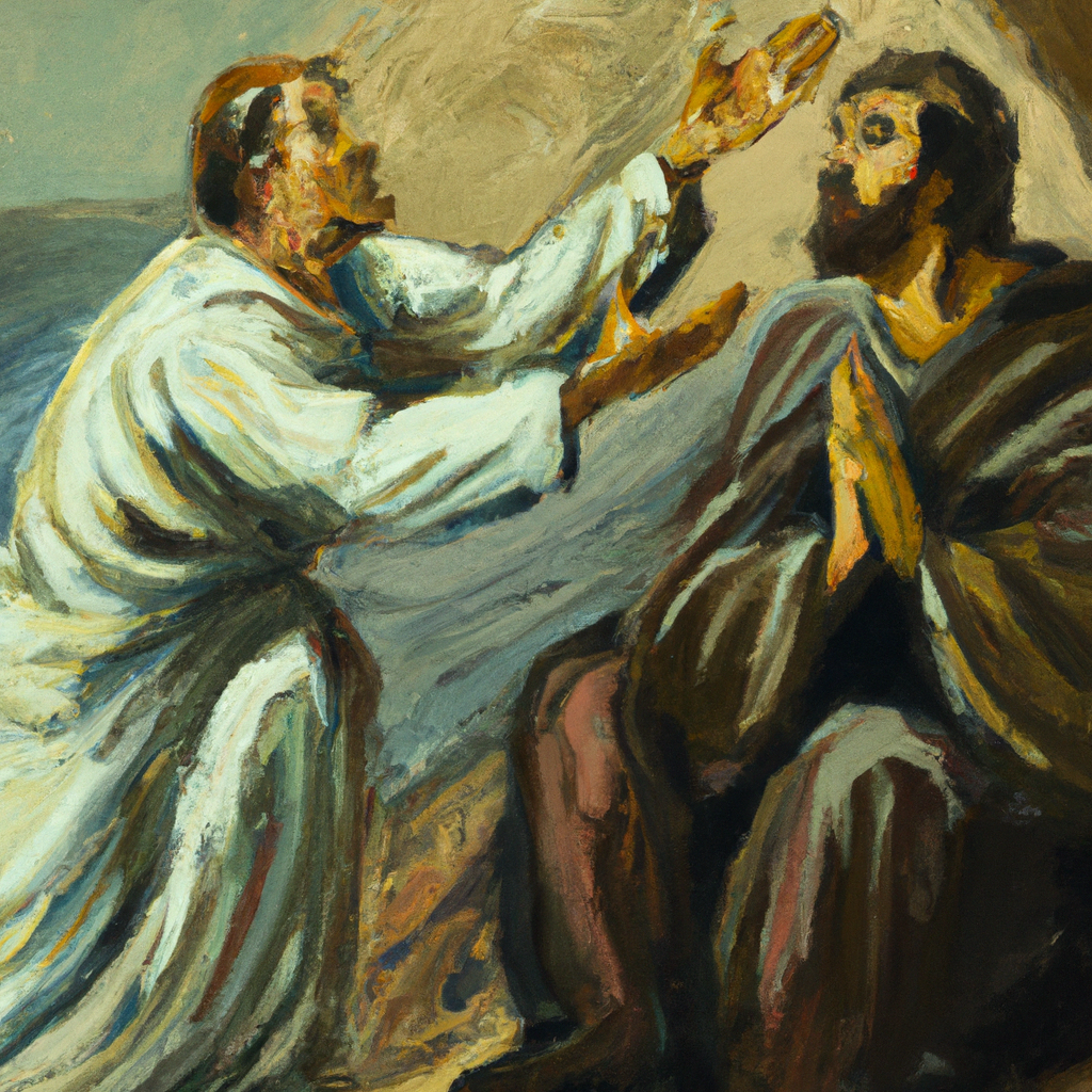 Image generated by AI from Dall.e prompt 'An expressive oil painting of Paul kneels before Philemon, pleading with outstretched arms for Onesimus' release - a mercy-filled expression of friendship.'