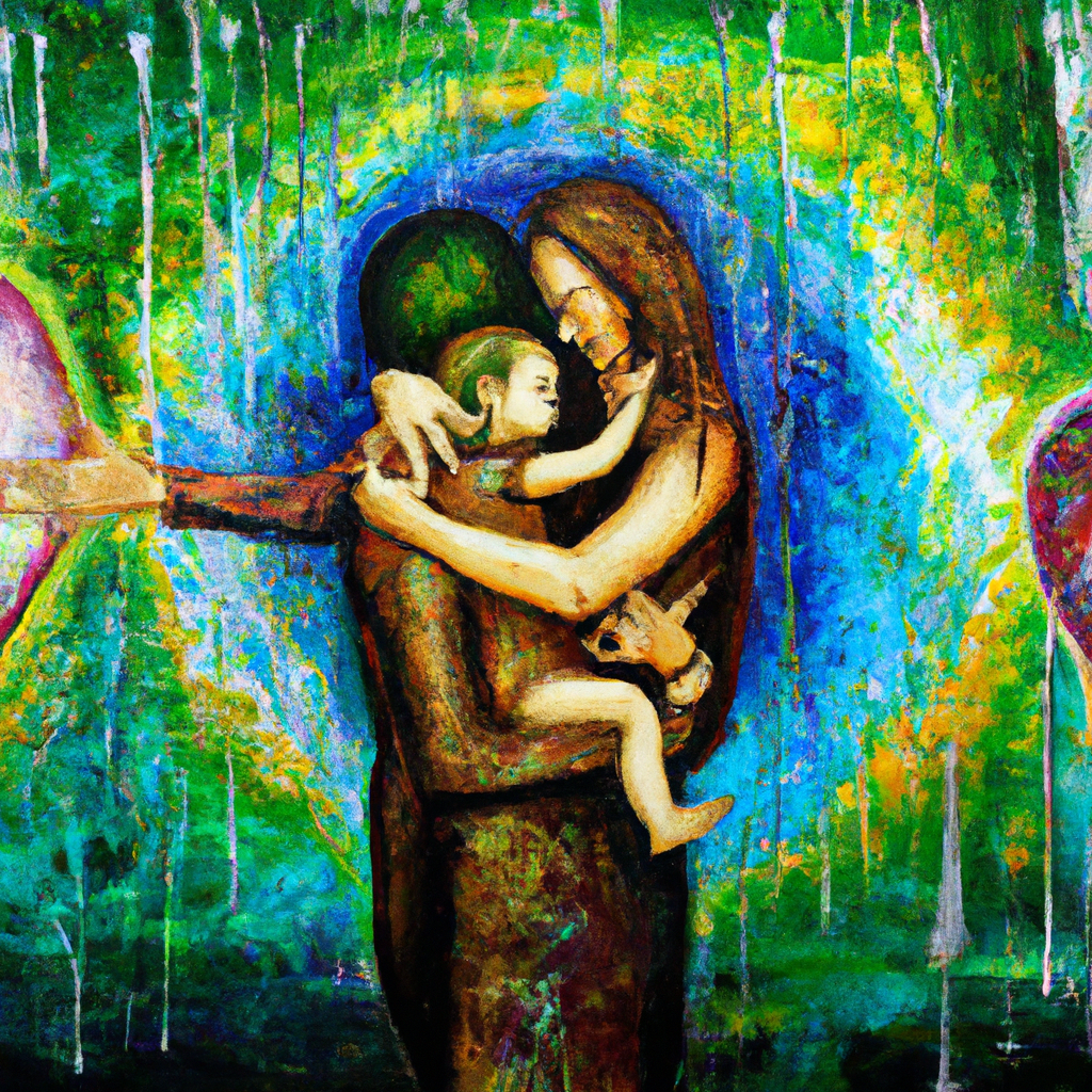 Image generated from Dall.e prompt 'An expressive oil painting of A vivid image of eternal love intertwining with holographic children, proudly reflecting their Father's likeness.'