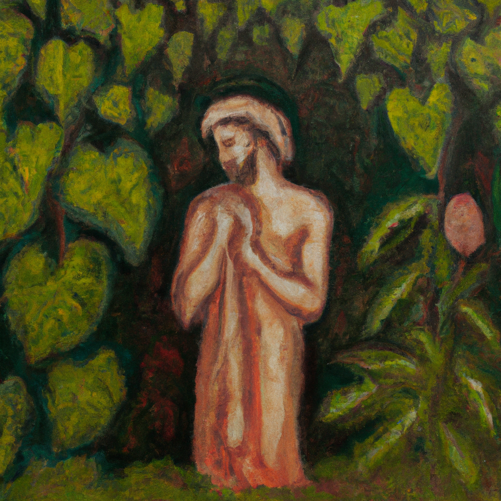 Image generated by AI from Dall.e prompt 'An expressive oil painting of Adam, alone in lush garden, aching for companion. God creates Eve, perfect joy for each other.'