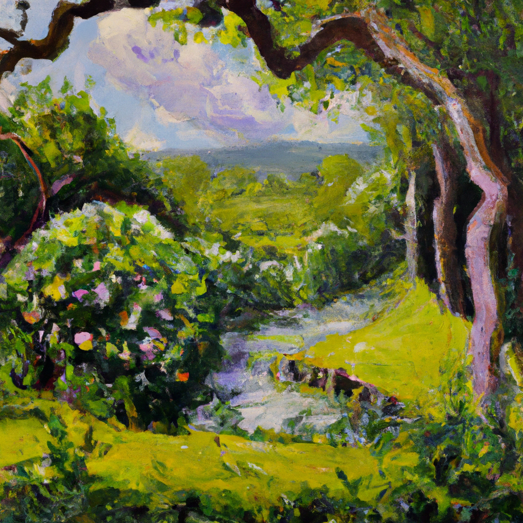 Image generated by AI from Dall.e prompt 'An expressive oil painting of A beautiful, lush Garden of Eden with a river flowing through. Trees providing fruit and delight.'