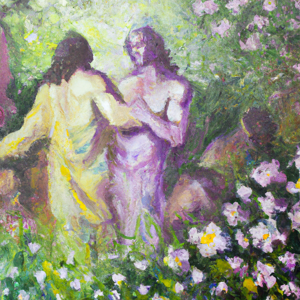 Image generated by AI from Dall.e prompt 'An expressive oil painting of Adam in a flourishing garden, alone until God created Eve, two humans united in friendship and love.'