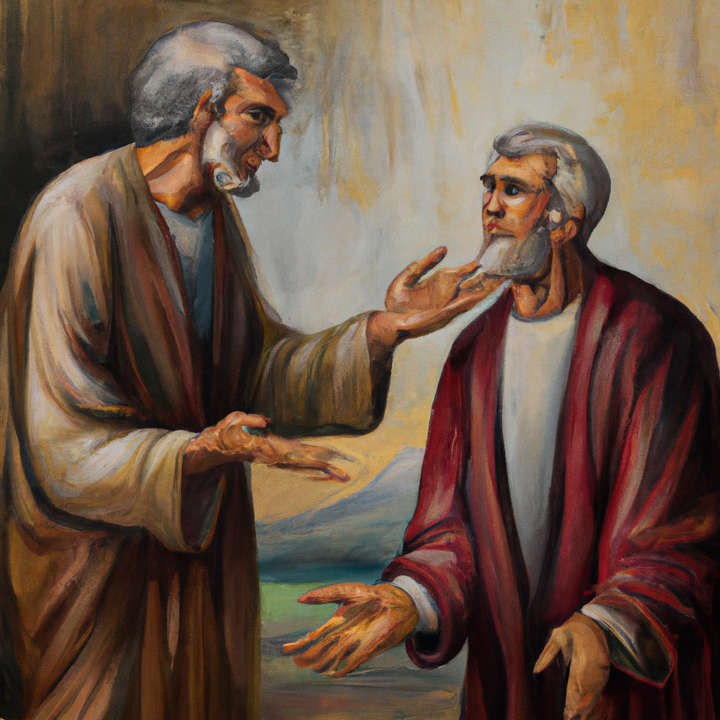 Image generated by AI from Dall.e prompt 'An expressive oil painting of Paul beseeches Onesimus' master, Philemon, to accept him as a brother in Christ, just as Paul himself does.'