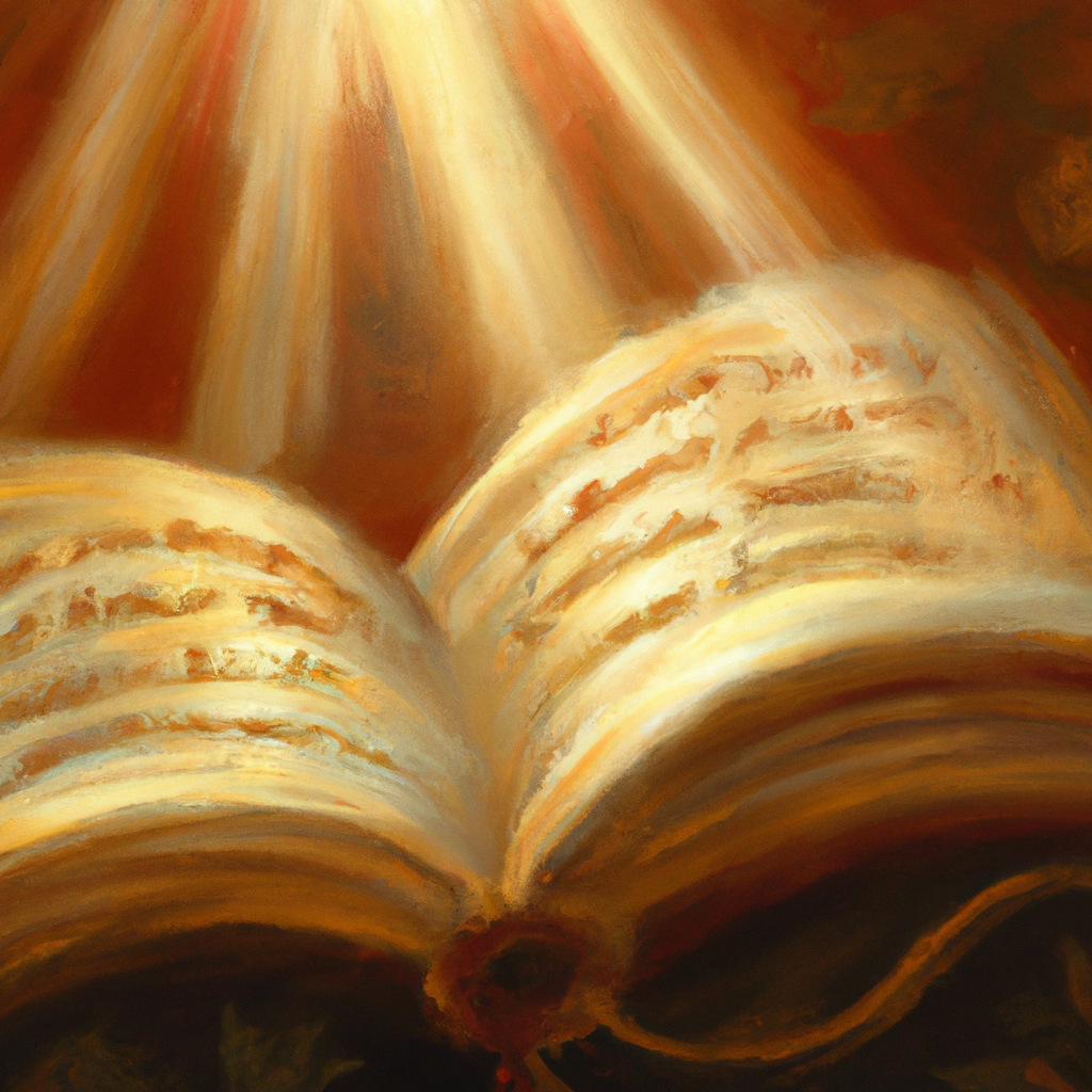 Image generated from Dall.e prompt 'An expressive oil painting of Soft, sweet rays of sunshine streaming through an ancient book, illuminating timeless words, promises and hope.'