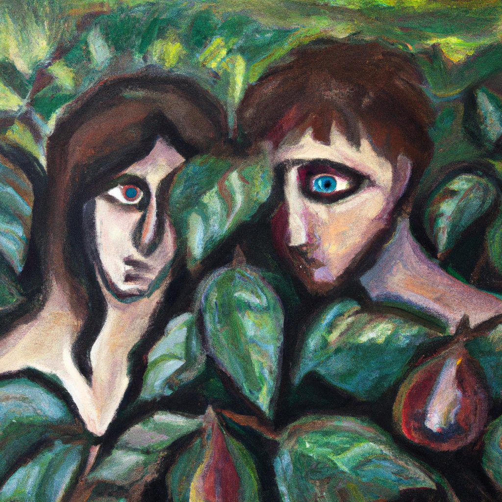 Image generated by AI from Dall.e prompt 'An expressive oil painting of Adam and Eve are dressed in fig leaves, ashamed and scared of God's wrath, searching for answers.'