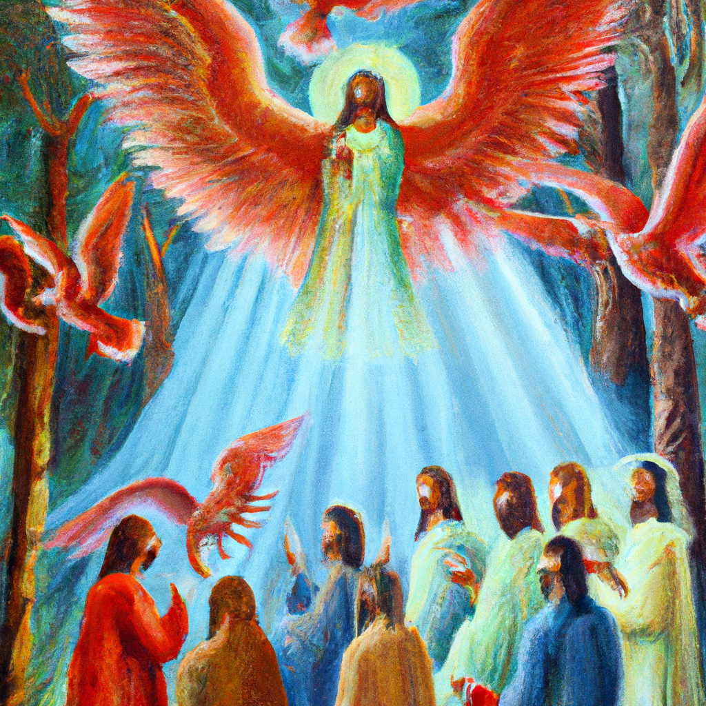 Image generated from Dall.e prompt 'An expressive oil painting of The Lord stands beaming, birds take flight in admiration, angels praising, His goodness providing shelter for the righteous.'