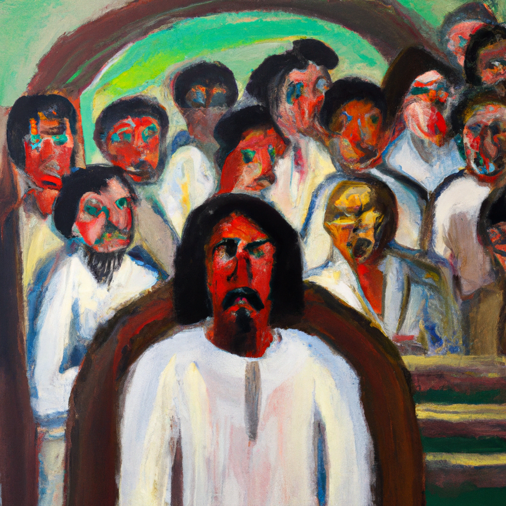 Image generated from Dall.e prompt 'An expressive oil painting of Tax collectors and religious leaders, standing around Jesus in the temple, looking angry and confused.'