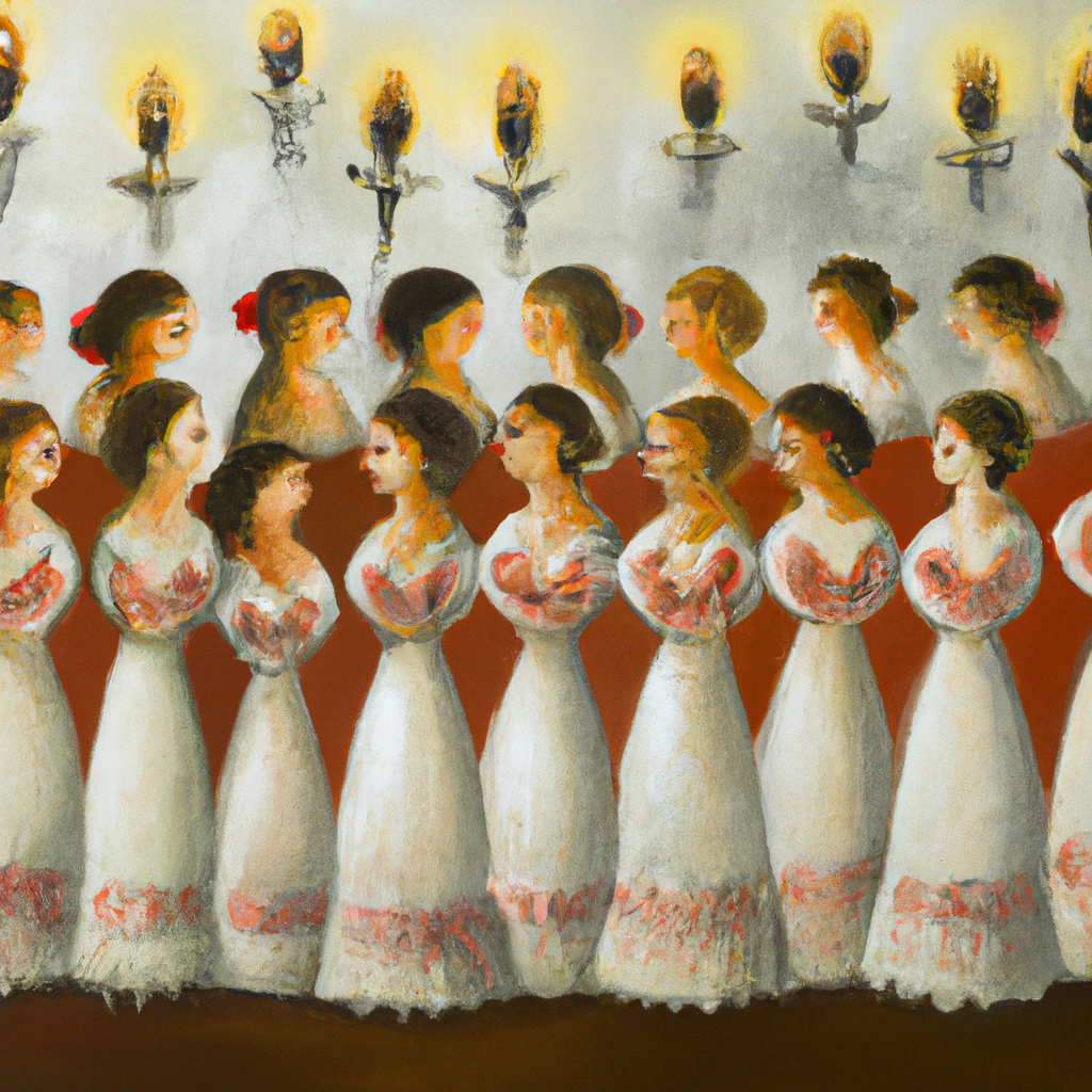 Image generated from Dall.e prompt 'An expressive oil painting of Ten bridesmaids holding lamps await the groom, five unprepared, five expectant.'