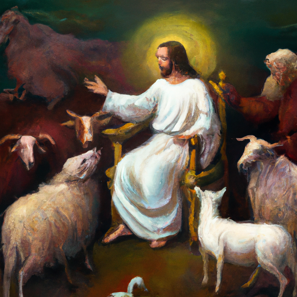 Image generated by AI from Dall.e prompt 'An expressive oil painting of Jesus sitting on a throne, separating sheep and goats, welcoming the righteous and condemning the wicked.'