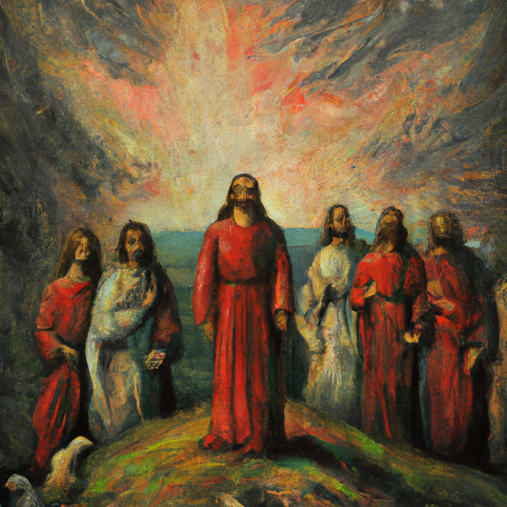 Image generated from Dall.e prompt 'An expressive oil painting of  Jesus stands on a hilltop surrounded by his apostles, warning of war and disaster to come.'