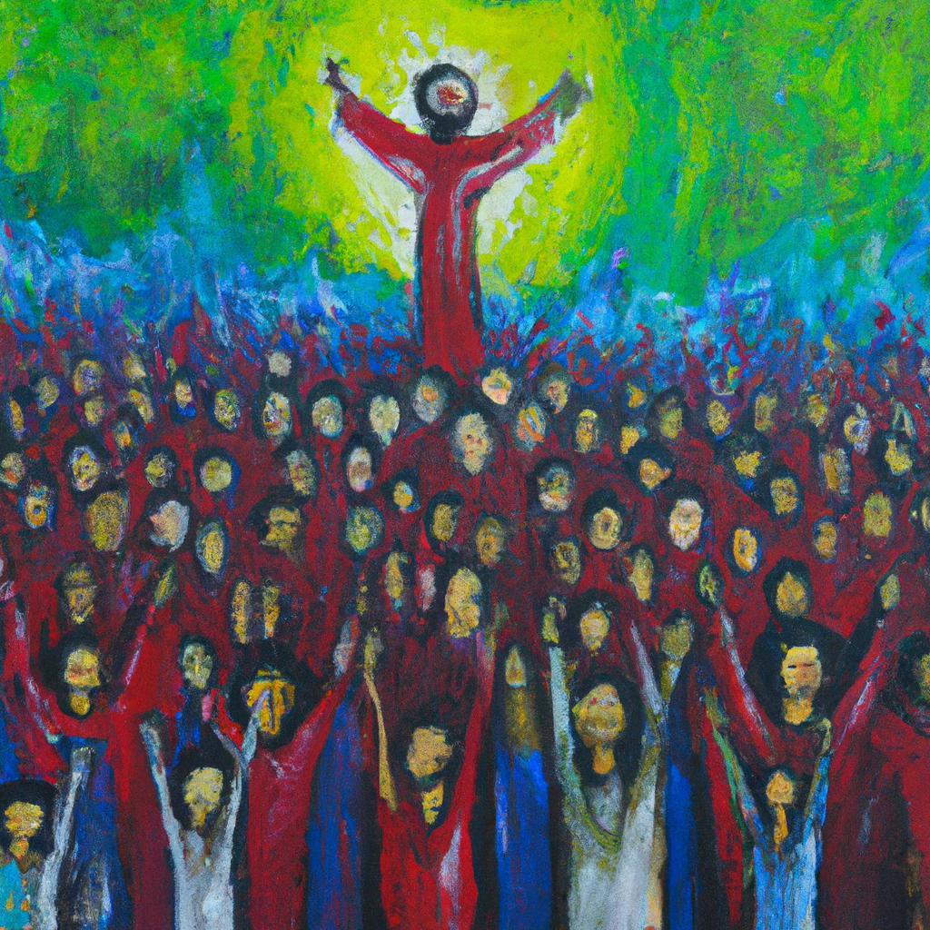 Image generated by AI from Dall.e prompt 'An expressive oil painting of A triumphant army of believers, standing strong, with God's love and protection surrounding them.'