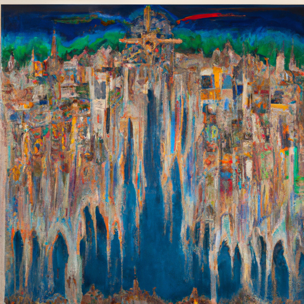 Image generated by AI from Dall.e prompt 'An expressive oil painting of A celestial city with eternal foundations, where clothed in immortality, we aim to please Jesus in our earthly bodies.'