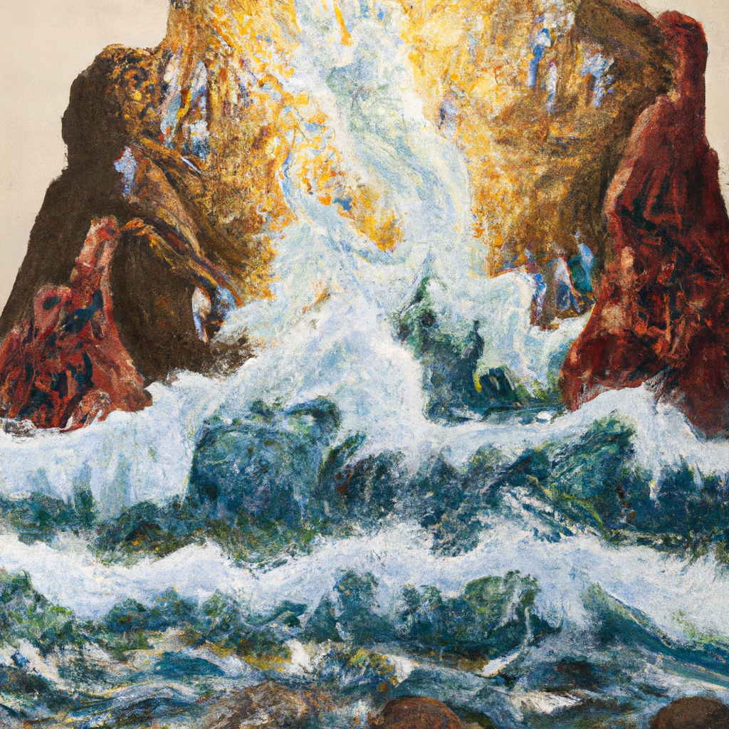 Image generated by AI from Dall.e prompt 'An expressive oil painting of Rocky cliffs meet crashing waves, as people bow in worship. God's hands sculpt creation, guiding and sustaining all.'