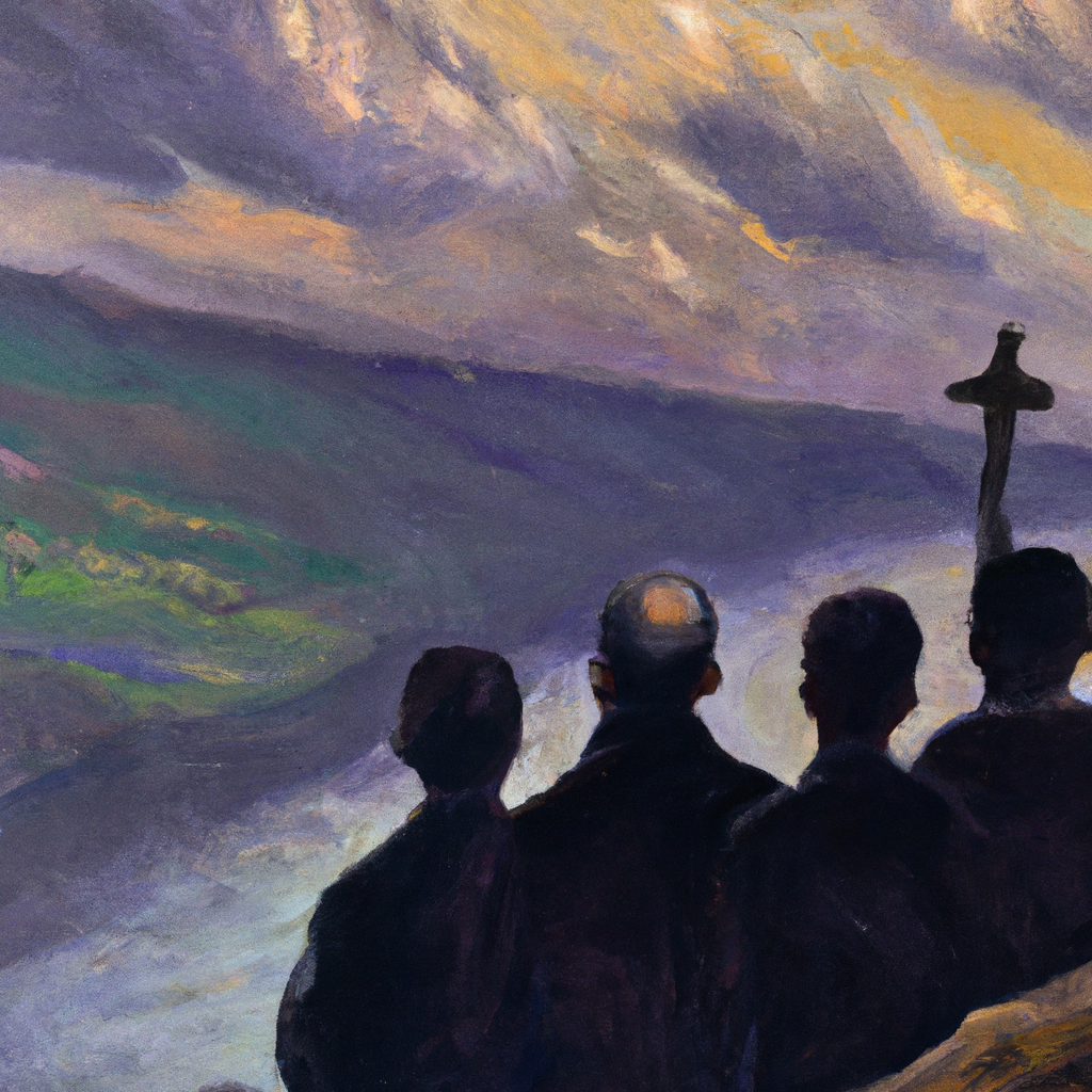 Image generated by AI from Dall.e prompt 'An expressive oil painting of Anchored by hope, believers stand on a mountaintop, gazing toward a bright future beyond the horizon.'