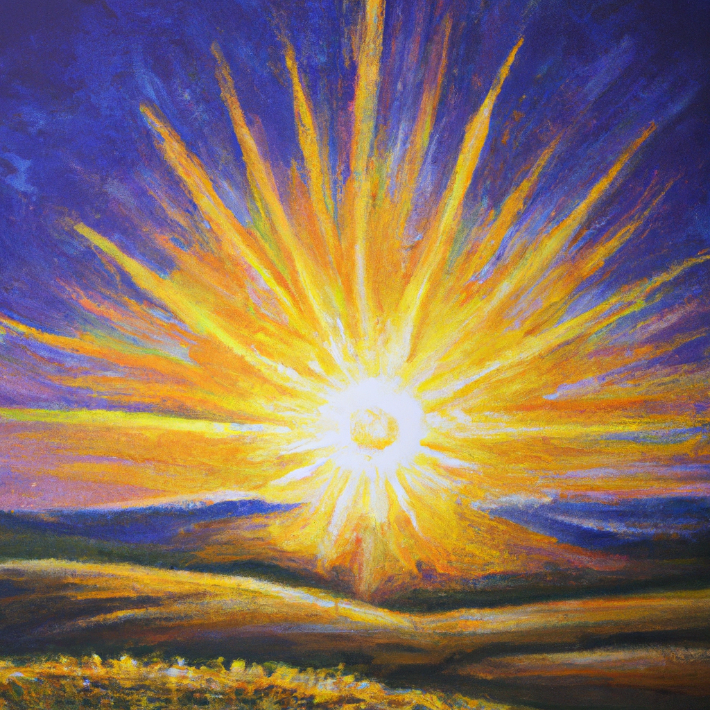 Image generated by AI from Dall.e prompt 'An expressive oil painting of A radiant sun setting over a vast, golden field, shining God's light upon believers and filling them with hope.'