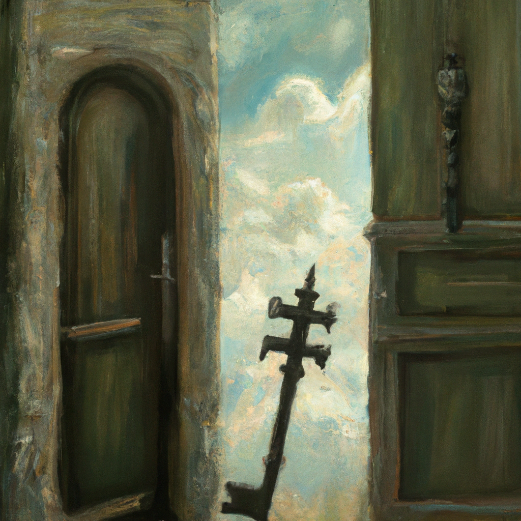 Image generated by AI from Dall.e prompt 'An expressive oil painting of A door standing open in heaven, a key given to the faithful, and a strong, unmovable pillar.'