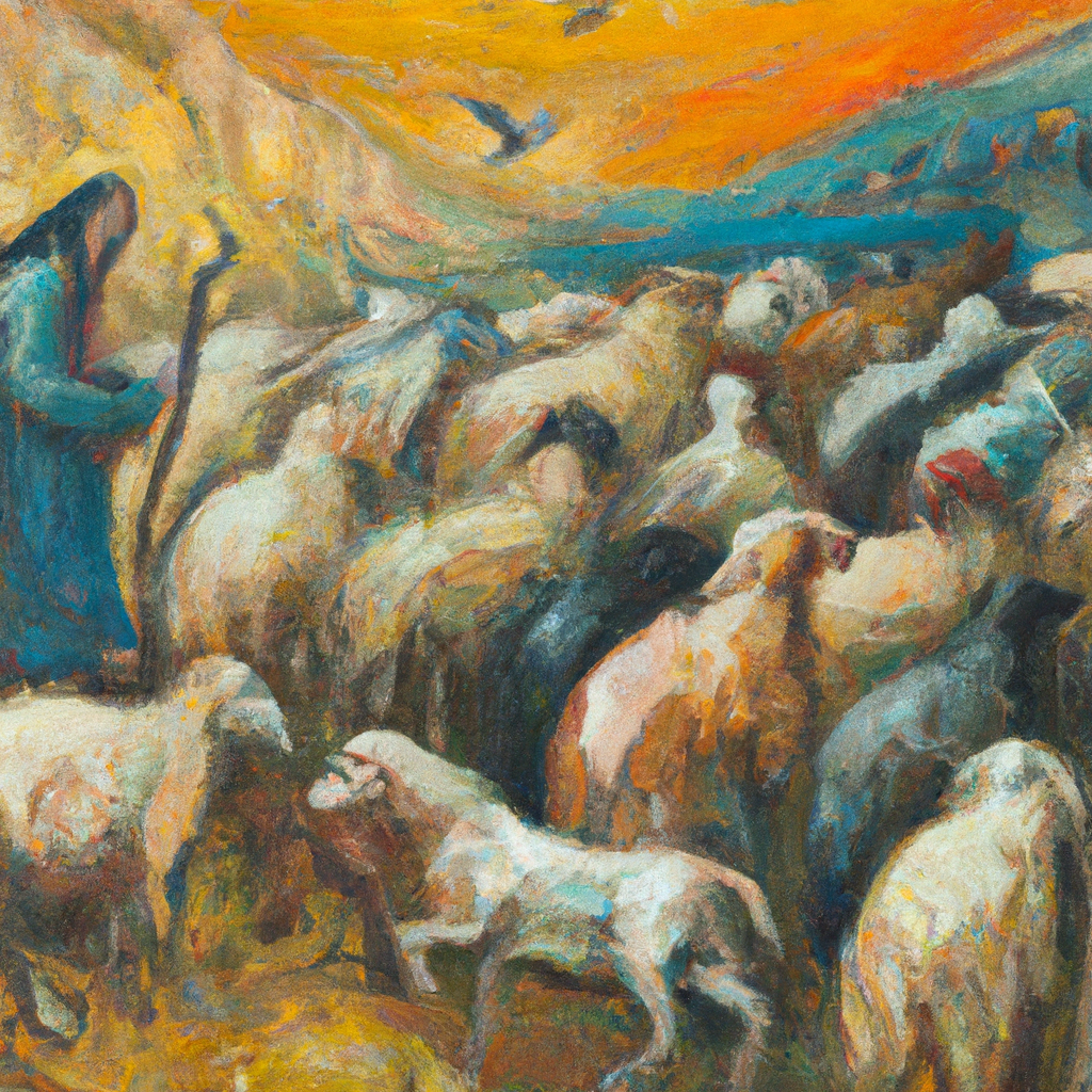 Image generated by AI from Dall.e prompt 'An expressive oil painting of The Lord as a shepherd gathering his scattered flock, tending to the weak and injured, ruling with justice.'