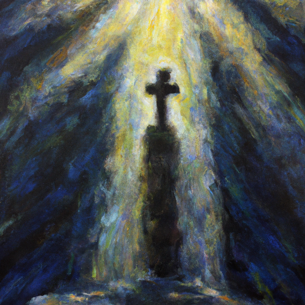 Image generated from Dall.e prompt 'An expressive oil painting of The bright light of Christ illuminates the murky darkness, a beacon boldly guiding us safely home.'