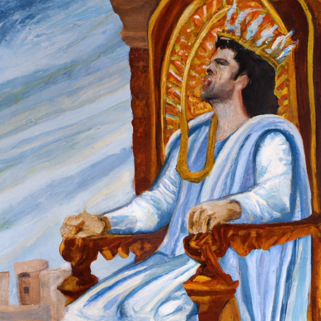 Image generated by AI from Dall.e prompt 'An expressive oil painting of King David sits in his palace, the Lord's promise to build his house forever reverberating like a majestic symphony.'