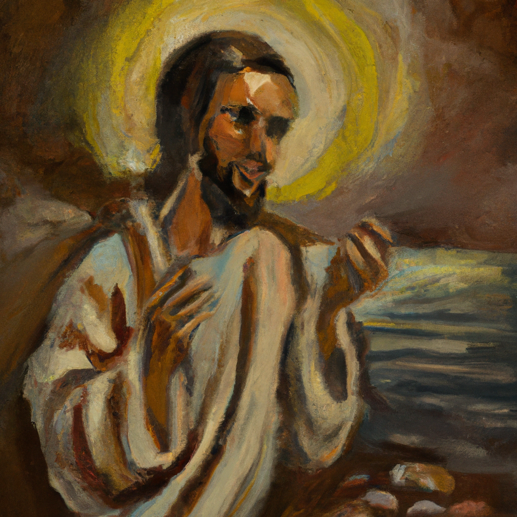 Image generated from Dall.e prompt 'An expressive oil painting of Paul, bound but preaching, shines light on the mysterious plan of salvation, through Christ, to all nations.'