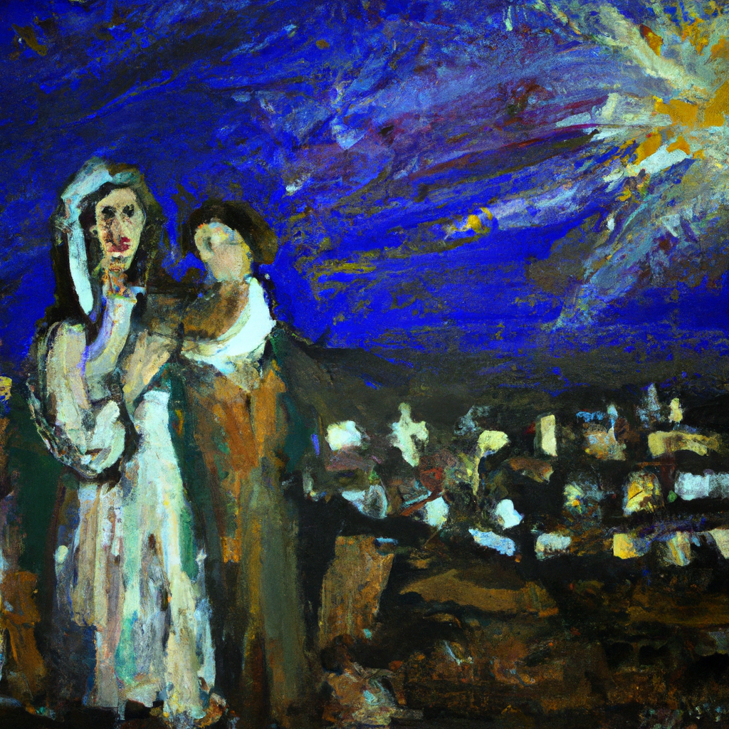 Image generated by AI from Dall.e prompt 'An expressive oil painting of Mary and Joseph on a journey to Bethlehem, with the town in the background and a bright star shining above.'