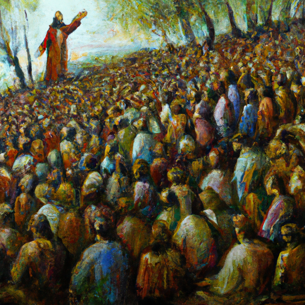 Image generated from Dall.e prompt 'An expressive oil painting of John baptizes in the wilderness, preaching repentance. Jesus, the Messiah, is coming. The crowd listens, eager and expectant.'