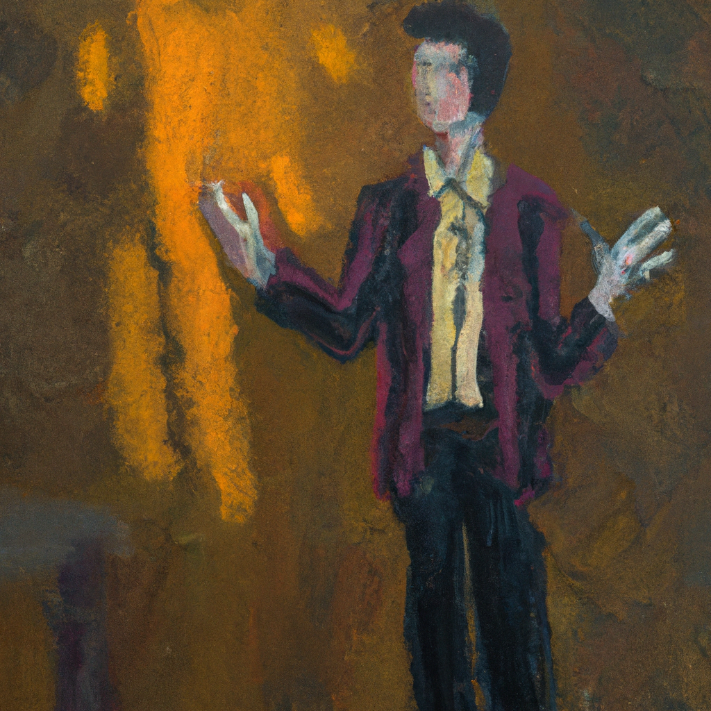 Image generated from Dall.e prompt 'An expressive oil painting of A man stands in the shining light, pointing to the truth; questioned about his identity, he speaks with confidence.'