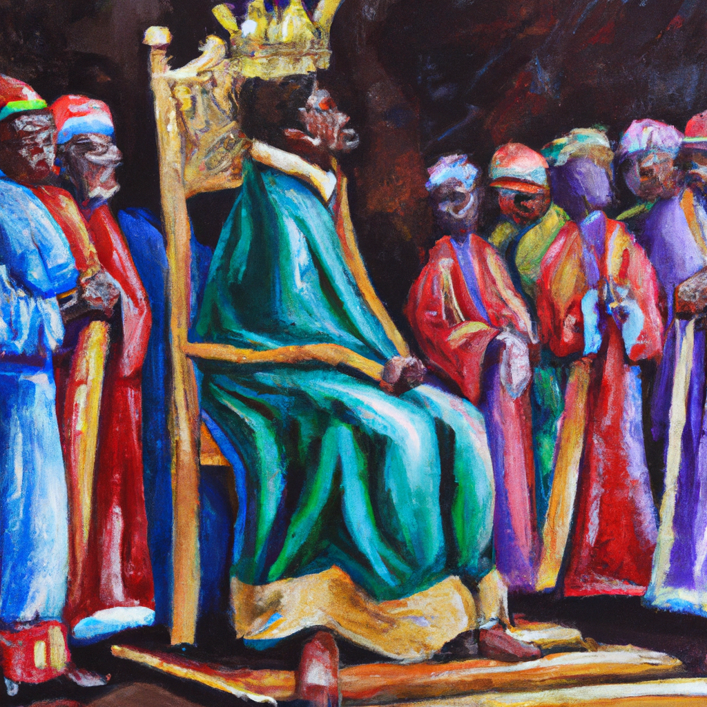 Image generated from Dall.e prompt 'An expressive oil painting of A majestic king ruling with justice, people bowing before him, endless prosperity and peace under his reign.'