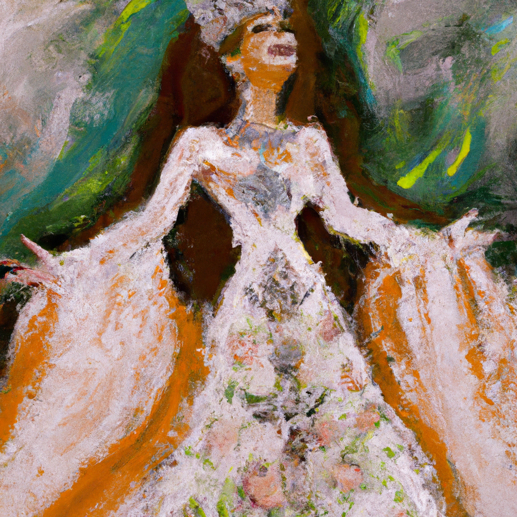 Image generated from Dall.e prompt 'An expressive oil painting of Dressed in radiance, joyful as a bride, shining with praise, like a crown and a royal diadem.'