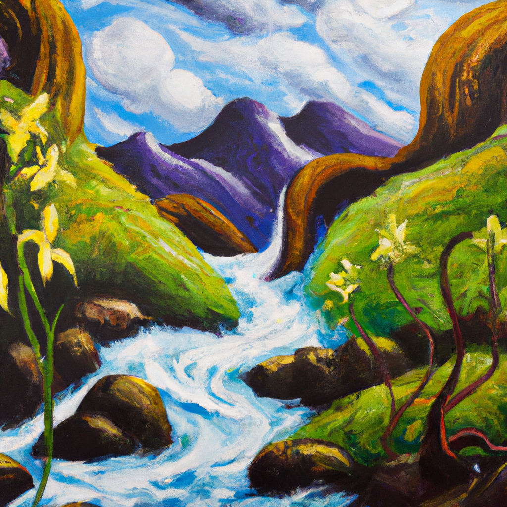 Image generated from Dall.e prompt 'An expressive oil painting of Seeds sown in tears bloom into joy; a river rushing through the wilderness; laughter echoing in the mountains.'