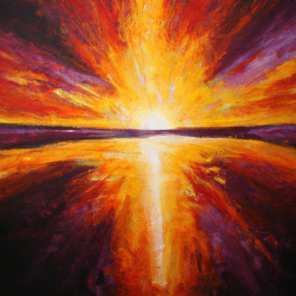 Image generated by AI from Dall.e prompt 'An expressive oil painting of A radiant sunrise shining on us, guiding our way out of darkness and into peace.'